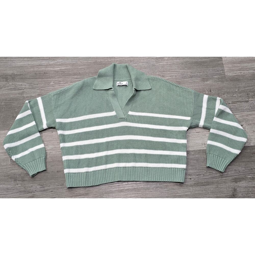 Hollister Green & White Striped Collared V Neck Crop Sweater - Picture 7 of 7